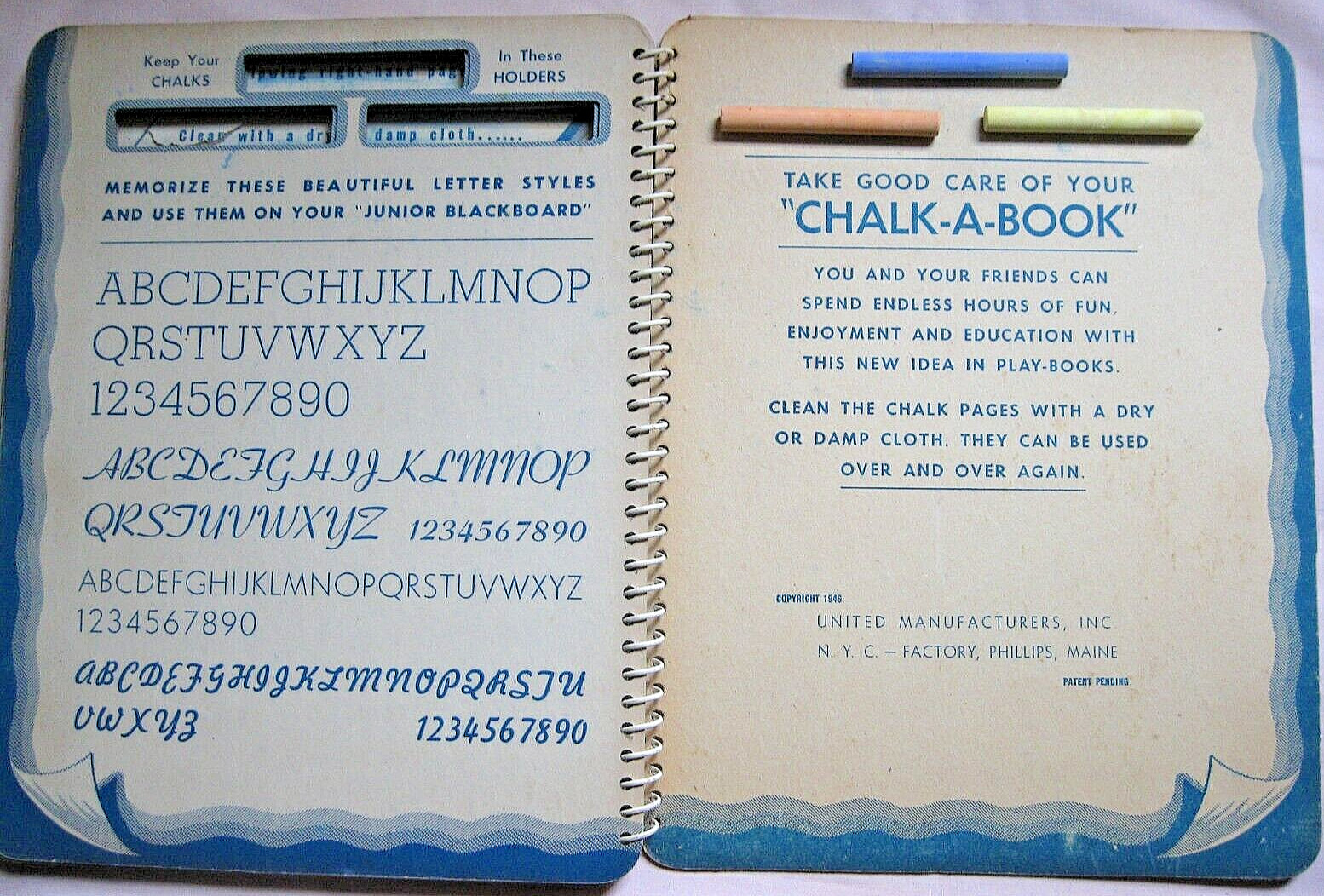 1946 Activity Book Educational „CHALK-A-BOOK“, Spiral Binding to lay flat