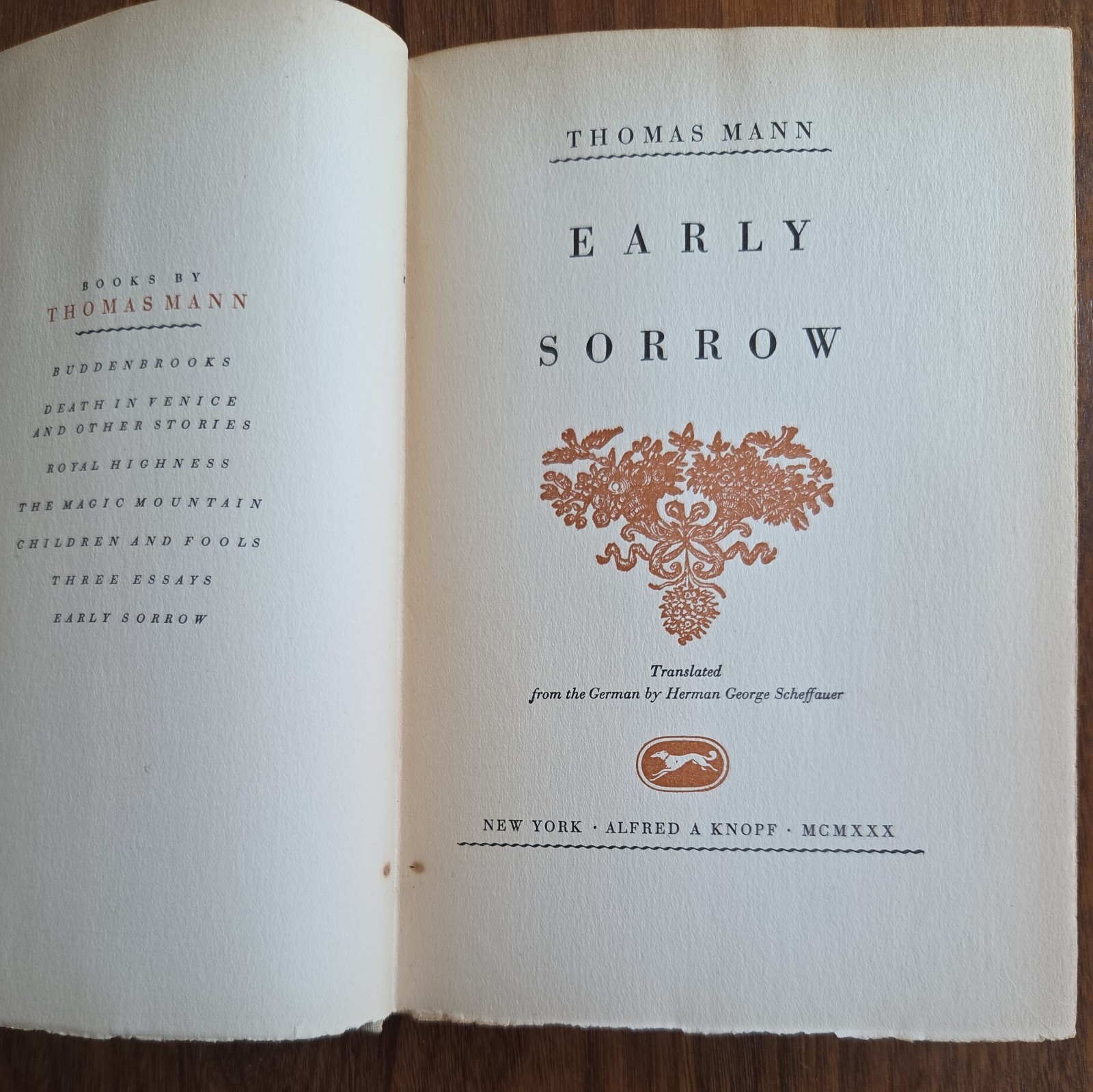THOMAS MANN Herman George Scheffauer trans. EARLY SORROW 1930 FE Thus hc/dj