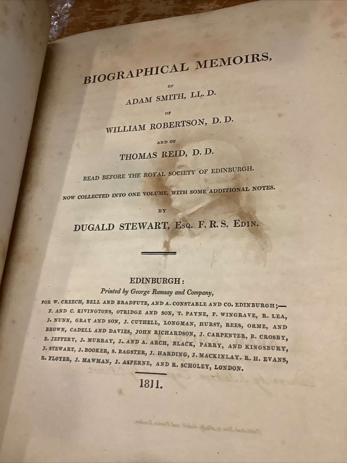 Dugald Stewart Biographical Memoirs Adam Smith + Reid 1811 1st Ed Poor Condition