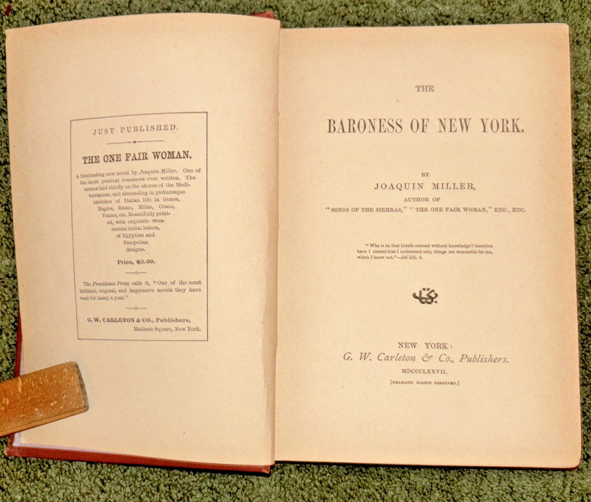 Antique 1877 Book: The Baroness of New York by Joaquin Miller