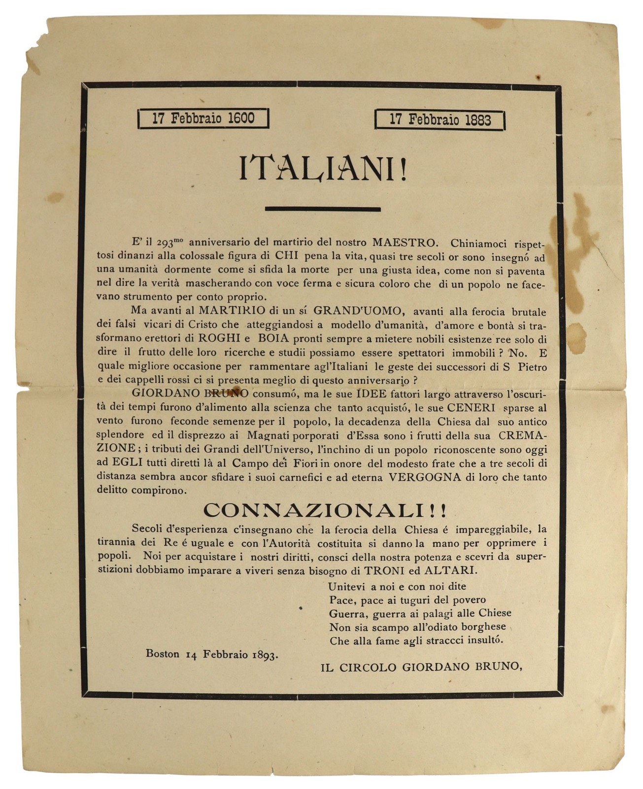 Italian-Americana / Broadside Italiani 1st Edition / 1893
