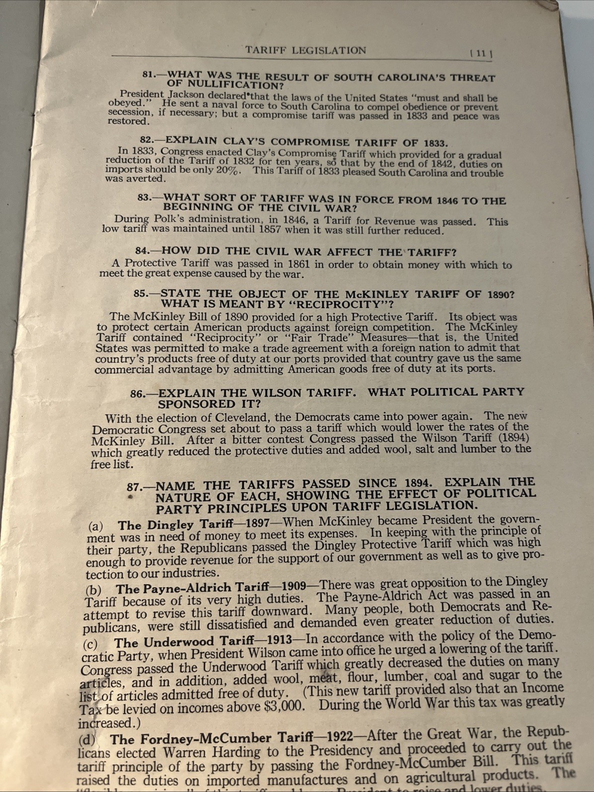 1928 American History Grade 8B Q&A Louis Kalvin Tariff Immigration Free Silver
