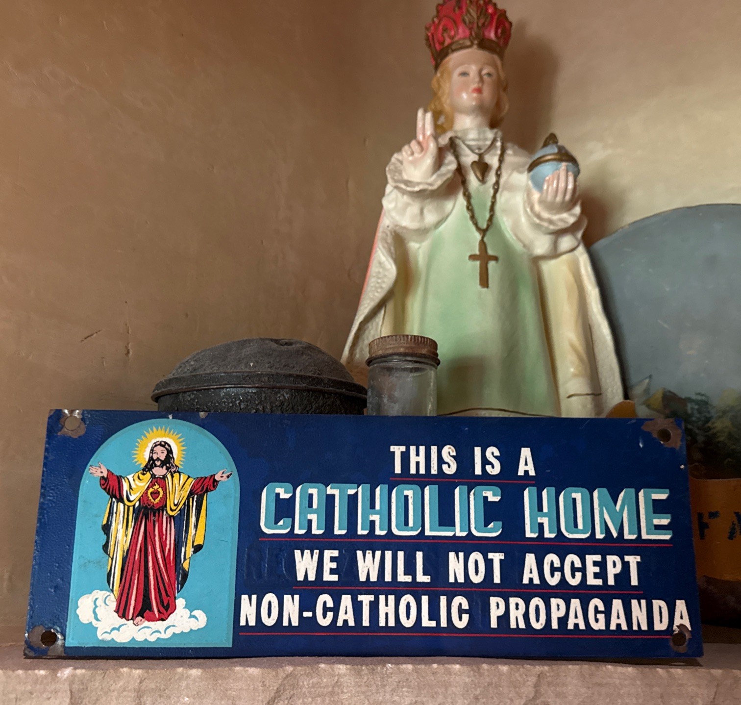 Vintage Catholic Sacred Heart Tin Sign Mexico