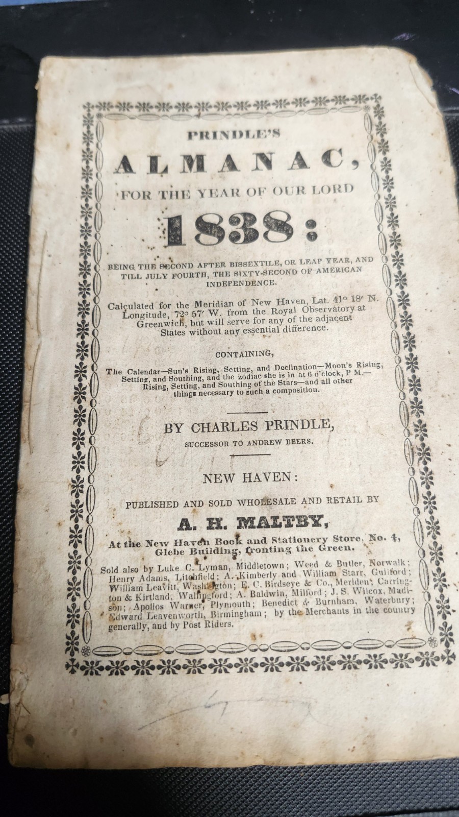 Prindle’s Almanac, For The Year Of Our Lord 1838 – New Haven, CT
