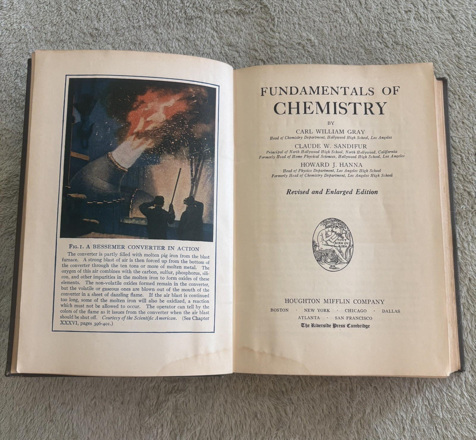 FUNDMENTALS OF CHEMISTRY by Gray, Sandiford, & Hanna HC 1929 Very Good Condition