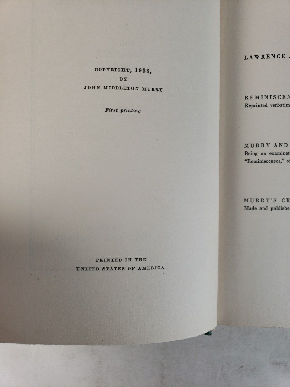 Reminiscences of D. H. Lawrence by John Middleton Murry (1933 – First Printing)