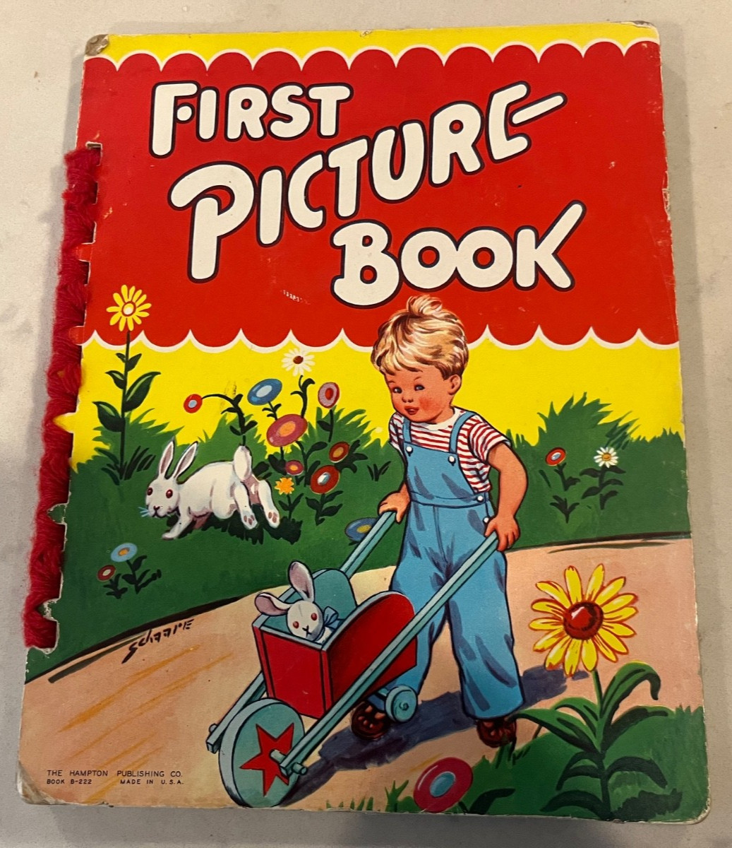 First Picture Book 1955 Children’s Book Hampton Pub Board Book Yarn Binding Vtg