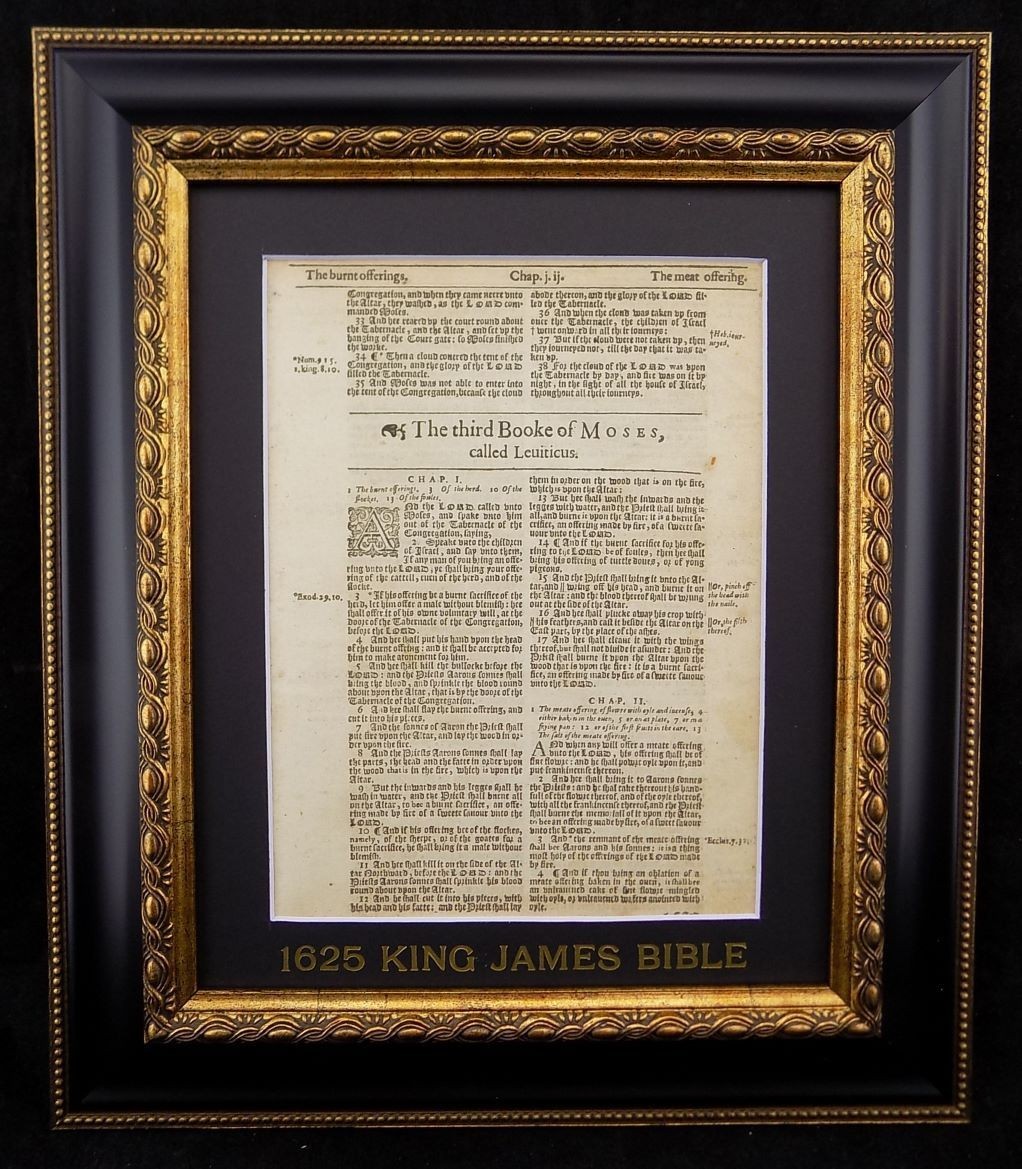 1625 KING JAMES BIBLE LEAF LEVITICUS TITLE PAGE, LAST IN KING’S LIFETIME FRAMED