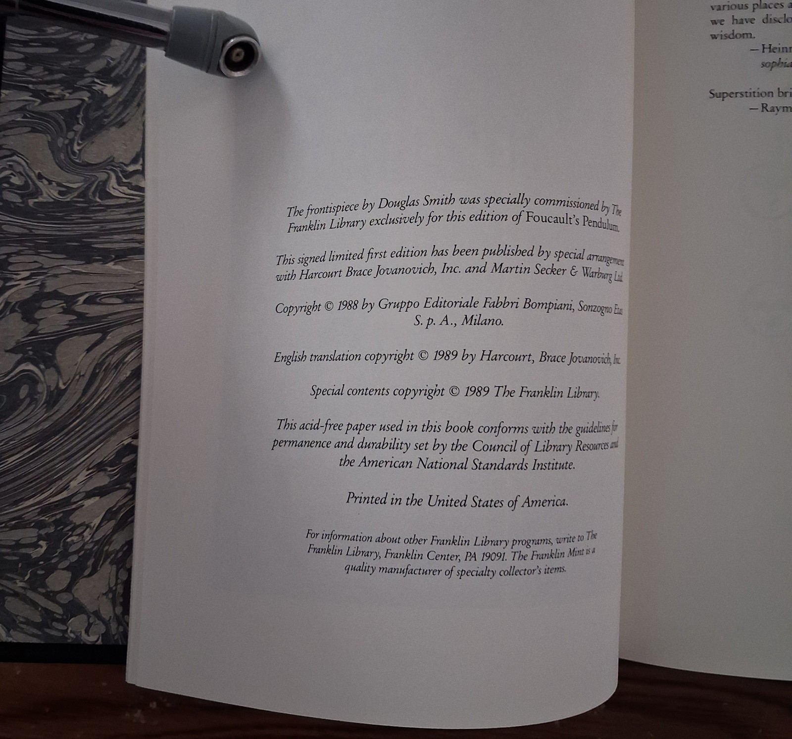 Franklin Library Foucault’s Pendulum Umberto Eco Leather Signed 1st Edition