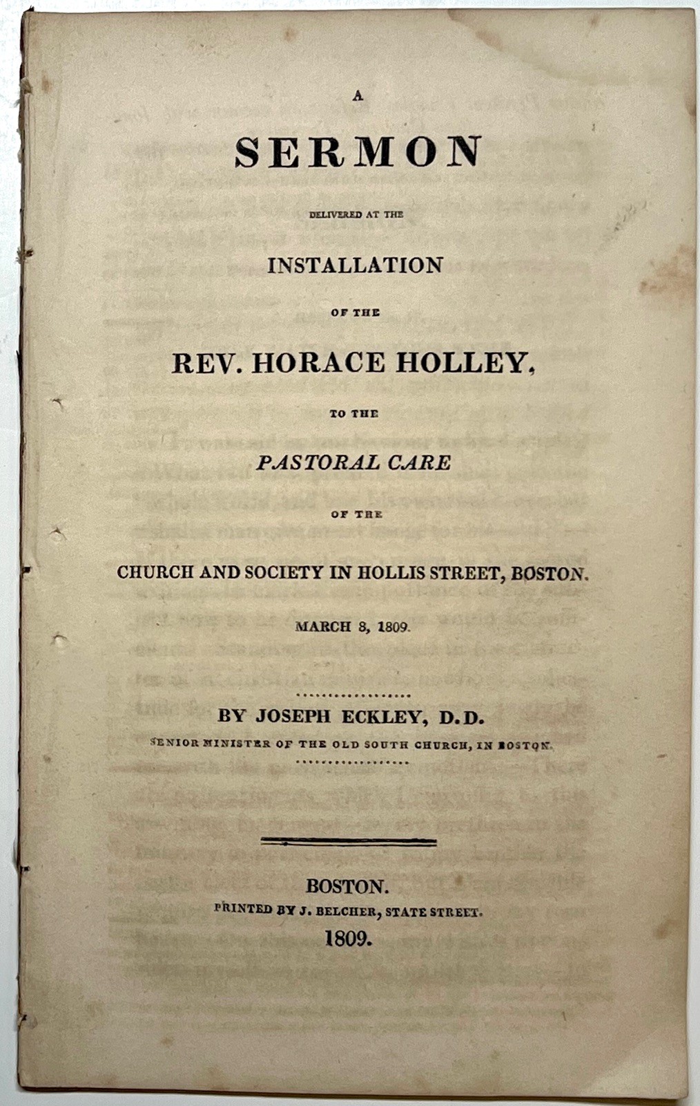 1809 INSTALLATION SERMON HORACE HOLLEY JOSEPH ECKLEY HOLLIS STREET BOSTON 1ST ED