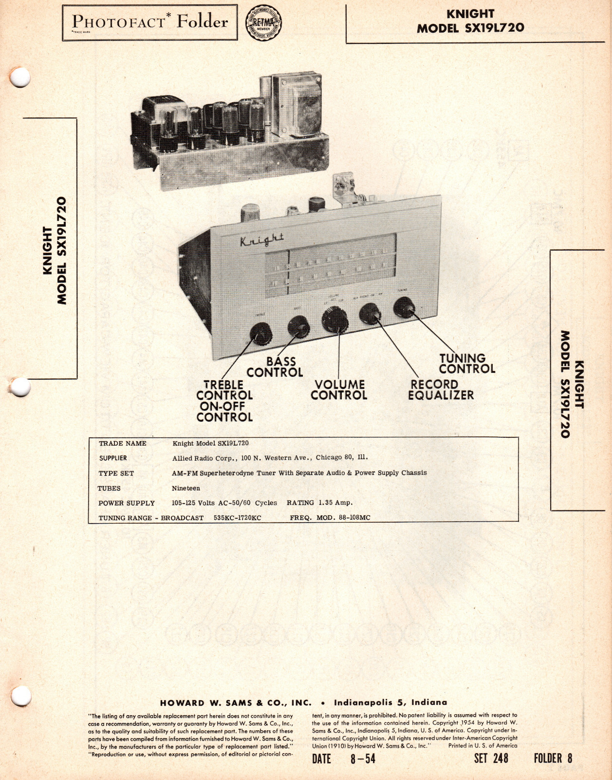 Knight – Model – SX19L720 – Radio – Original Service Manual -1954