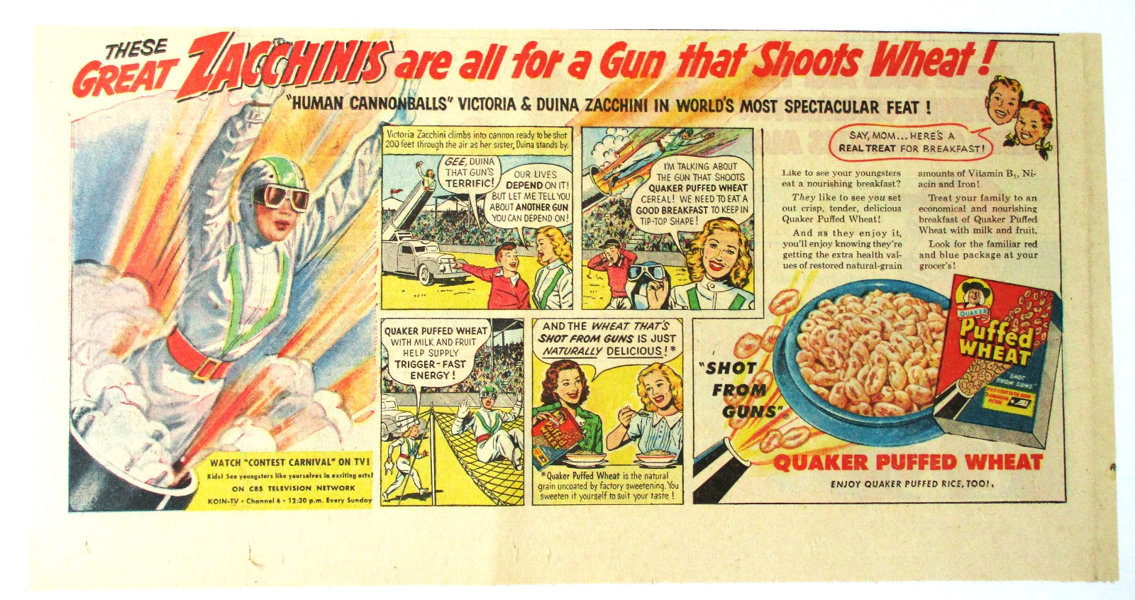 Quaker Puffed Wheat 1954 Newspaper Ad Human Cannonball and Friskies Dog Food Adv