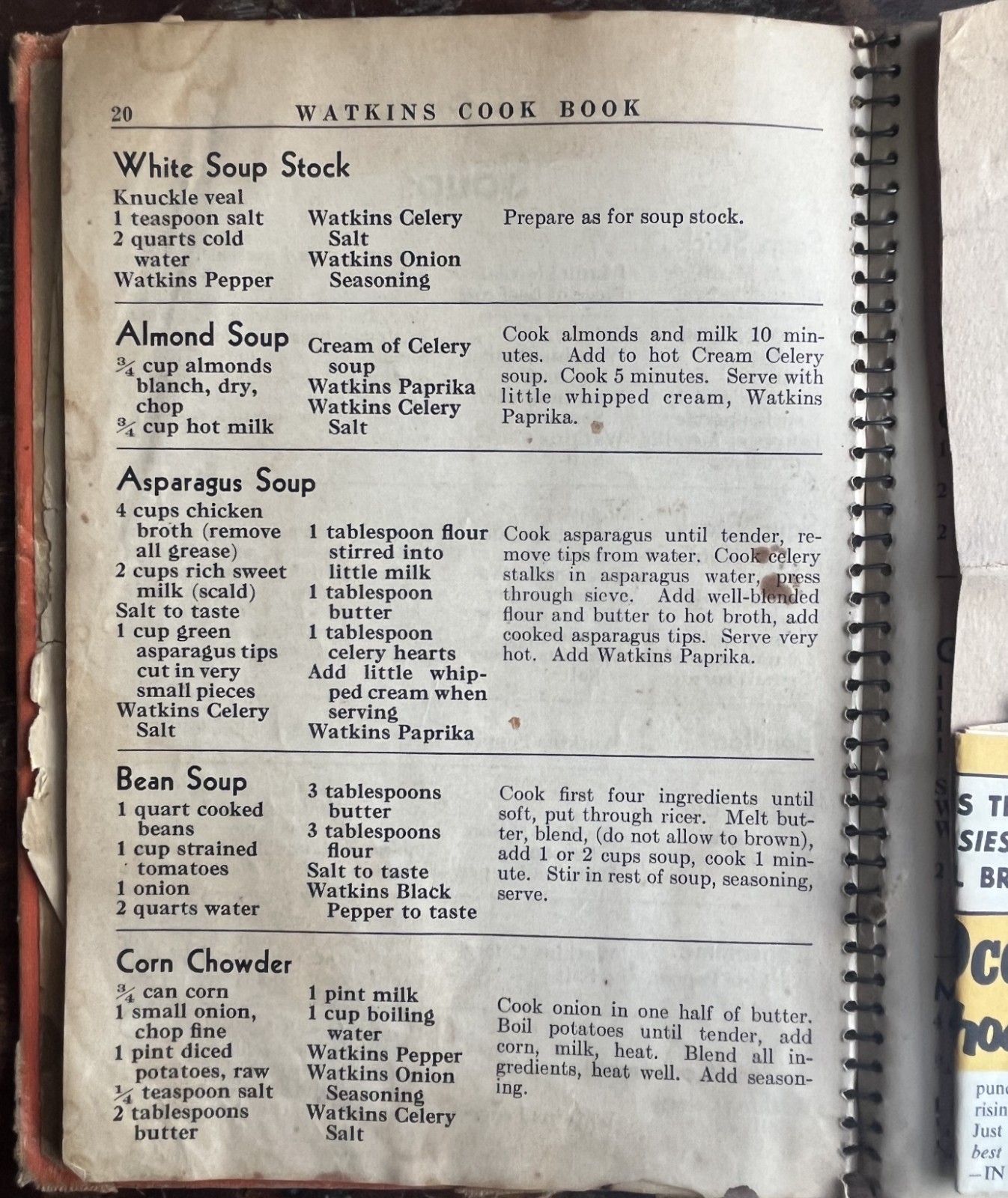 1936 Watkins Cook Book by J R Watkins Co-Spiral Bound-Winona, Minnesota USA