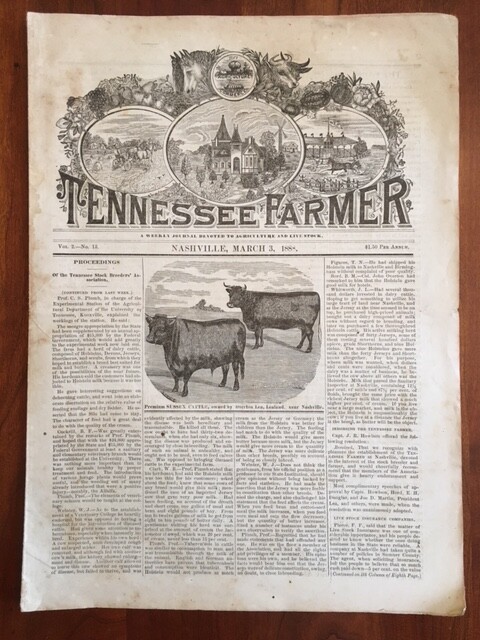 RARE 1888 Tennessee Farmer Journal Nashville TN Agriculture Livestock Horse Cows