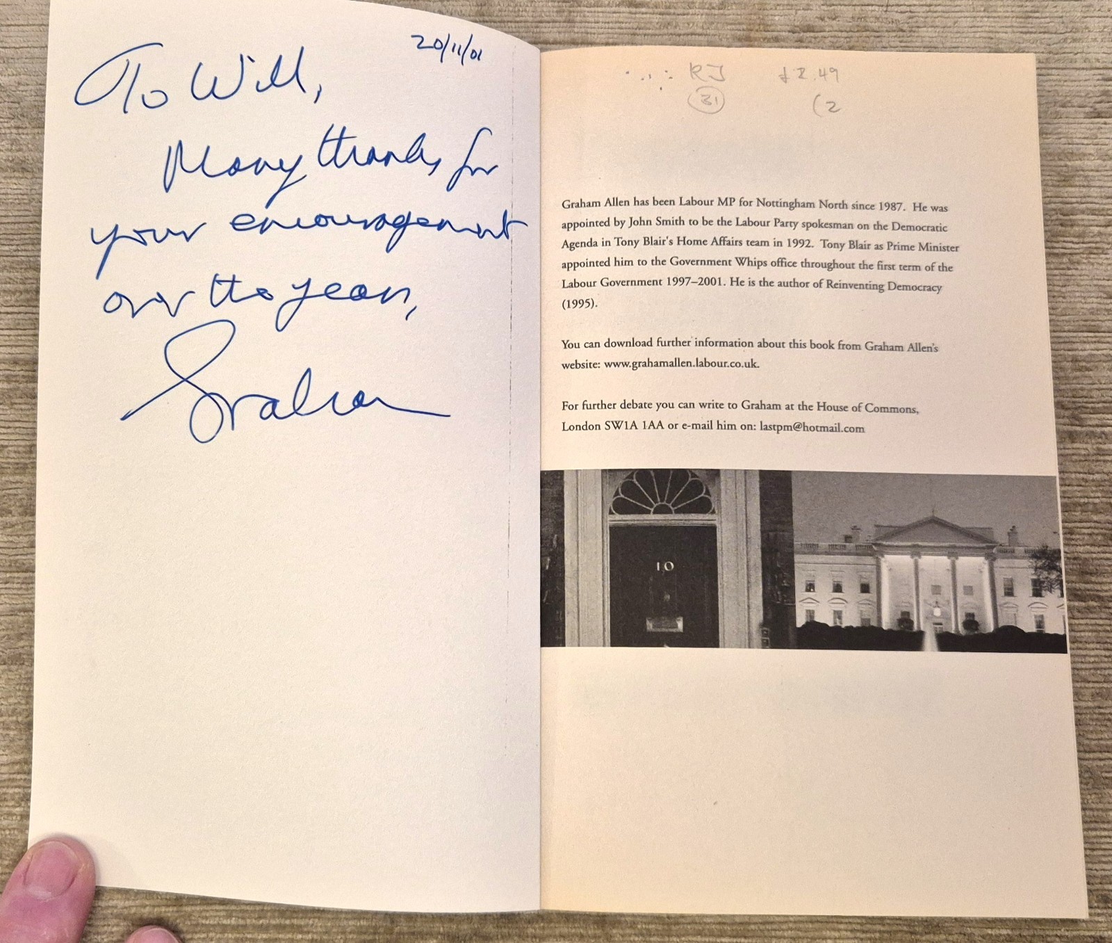 SIGNED 1st Ed. THE LAST PRIME MINISTER; GRAHAM ALLEN MP; 2001 EX – POST FREE!