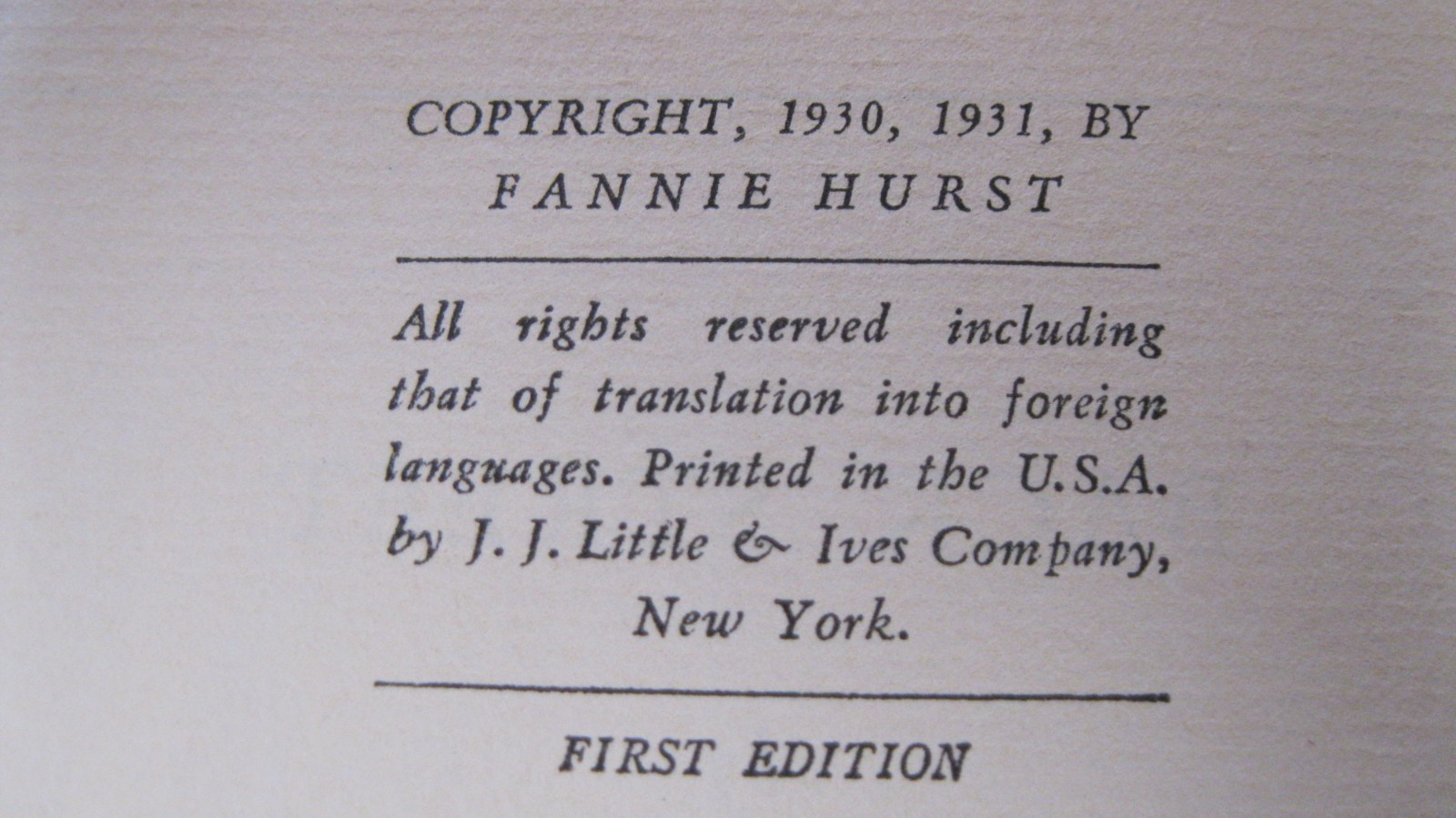 Back Street by Fannie Hurst ~ First Edition 1931 ~ 1st Printing