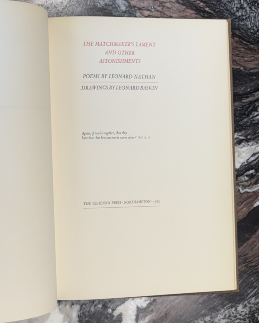 Leonard Nathan / Matchmaker’s Lament And Other Astonishments, Leonard Baskin 1st