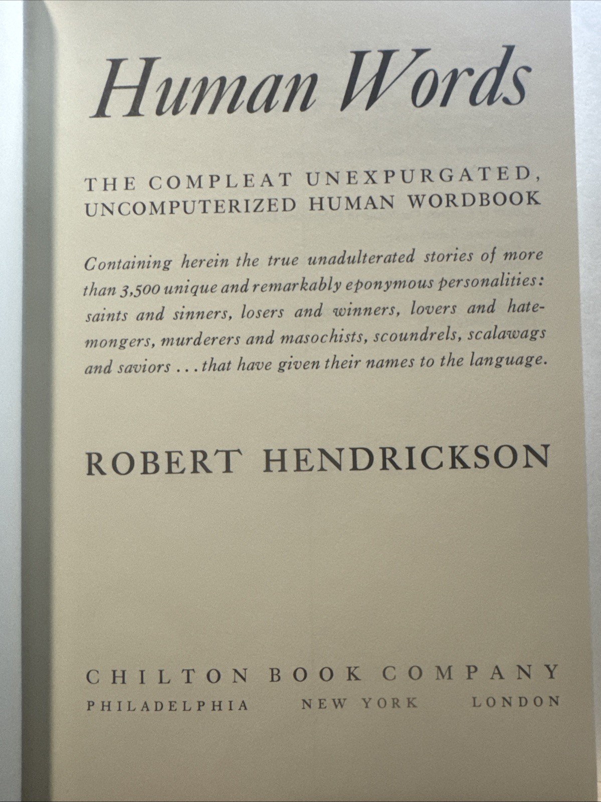 HUMAN WORDS ROBERT HENDRICKSON 1972 HARDCOVER WITH DUST JACKET 1St Edition