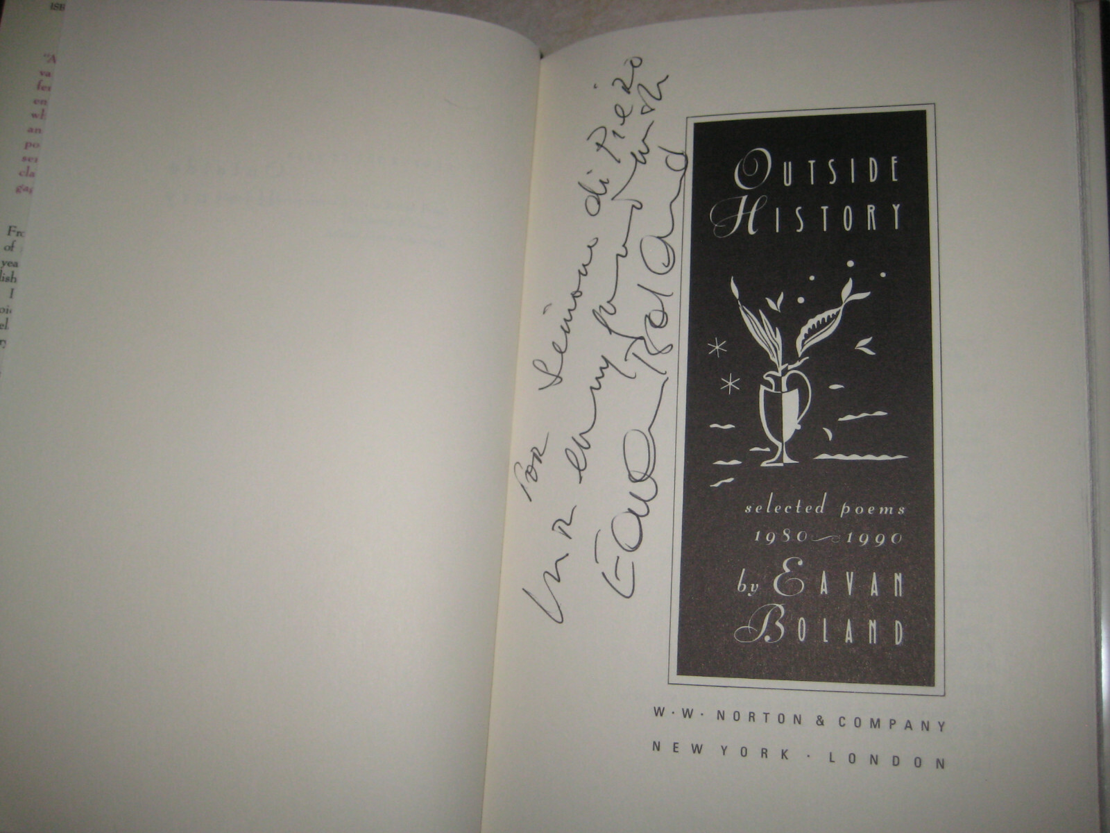 OUTSIDE HISTORY Eavan Boland SIGNED Selected Poems POETRY 1st Edition INSCRIBED