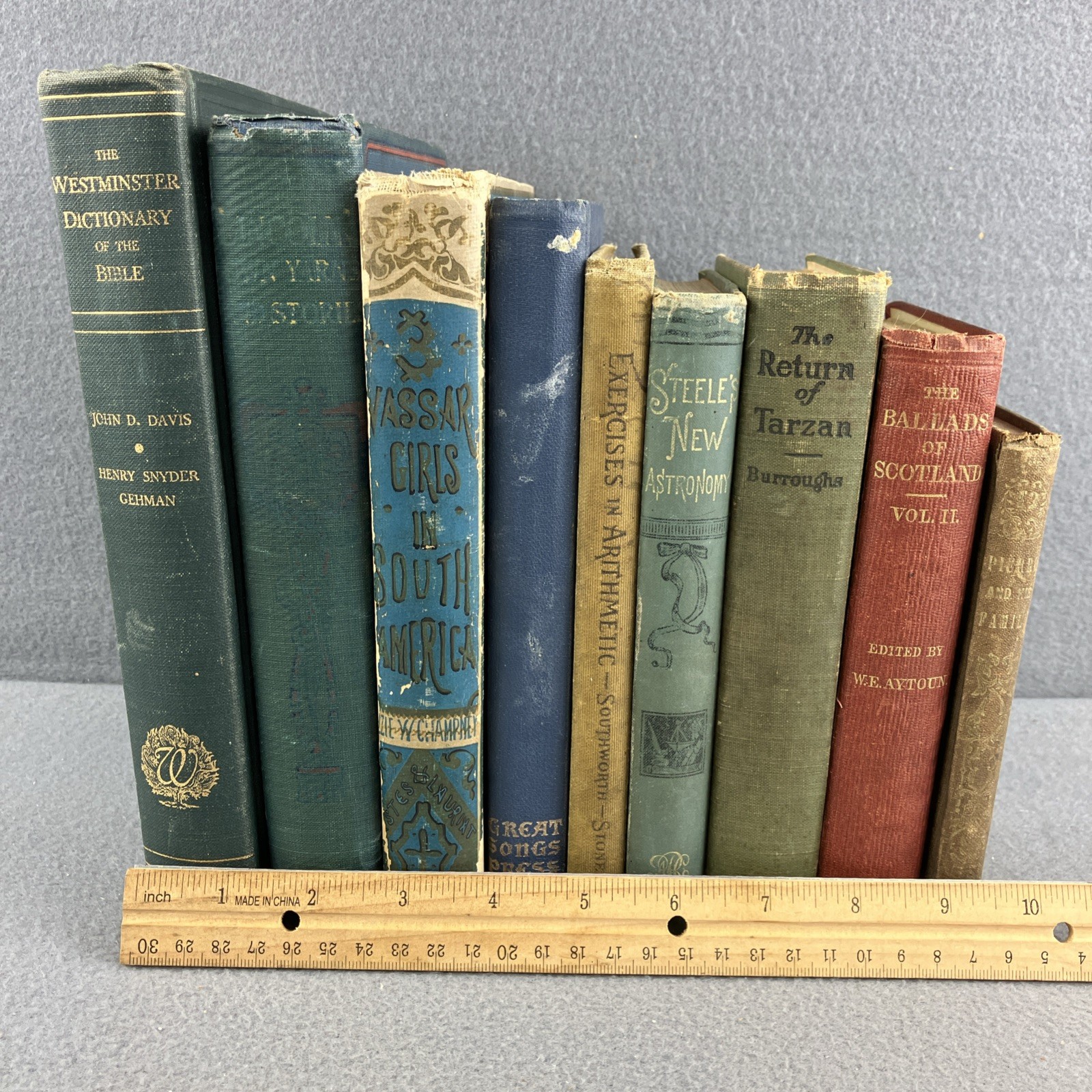 Lot of 9 VINTAGE ANTIQUE Books Display DECOR Multi Color Decorative Neutral Tan