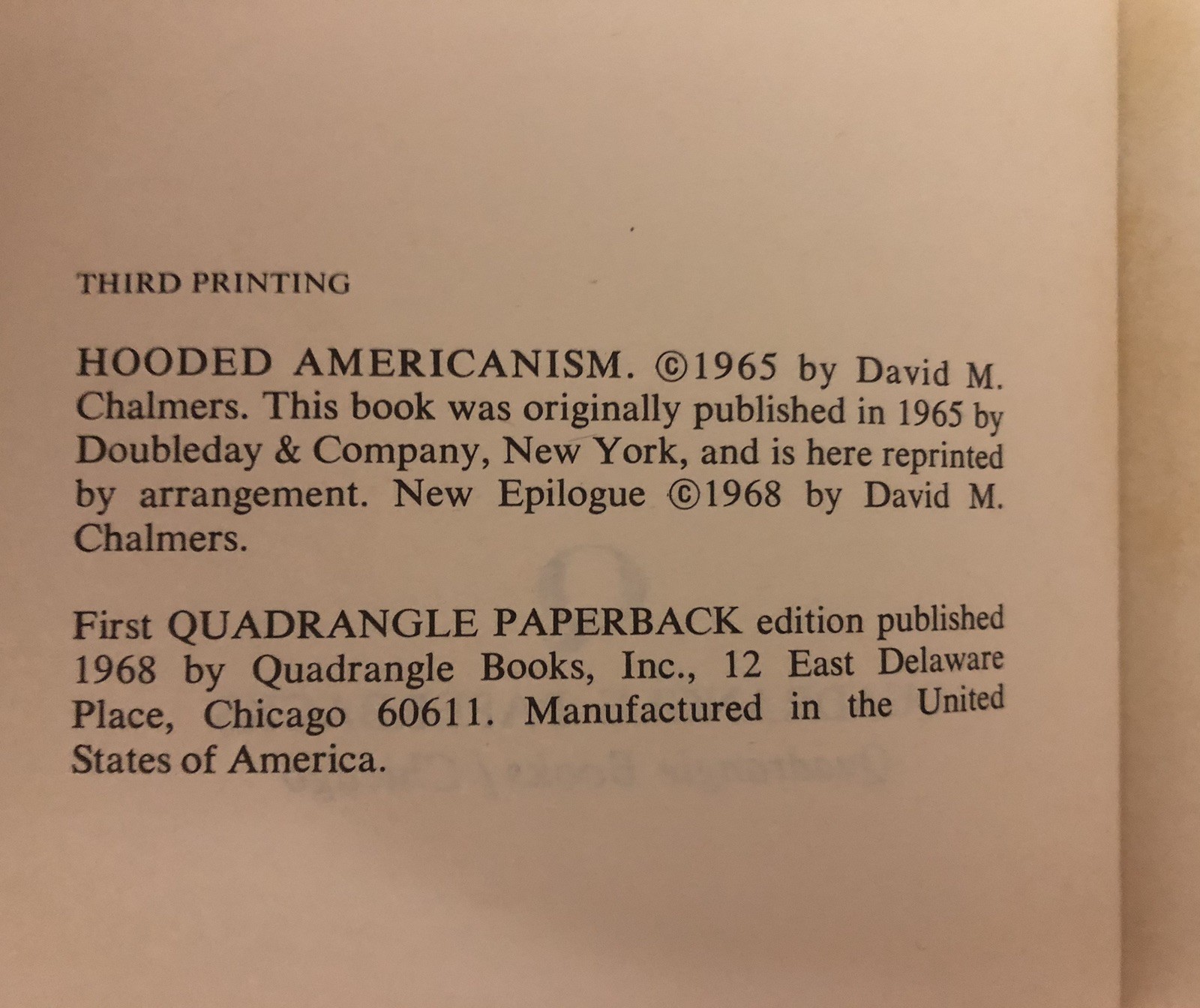 Hooded Americanism by David Chalmers (1968 pb ed.)