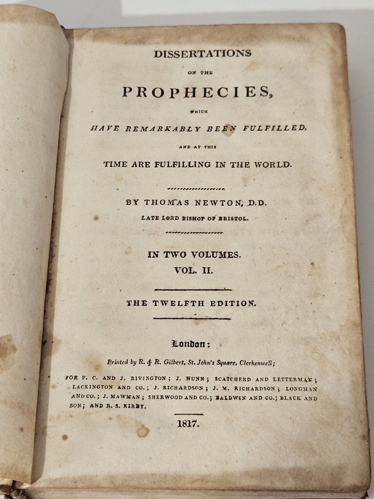 1817 DISSERTATIONS ON THE PROPHECIES by THOMAS NEWTON Volume 2 Only – Ships Free
