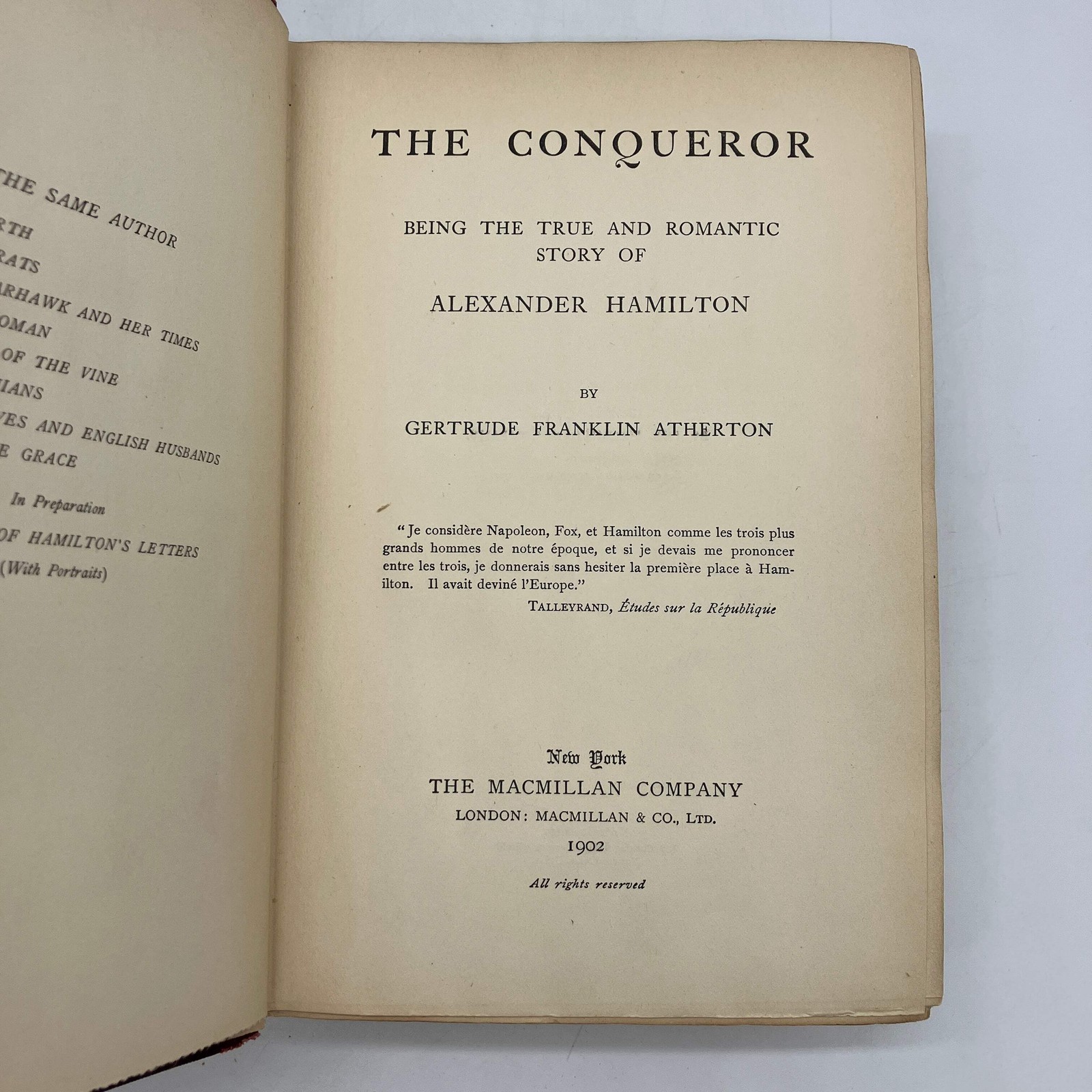 The Conqueror Alexander Hamilton 1902 Atherton Historical Fiction 1st Ed HC Good