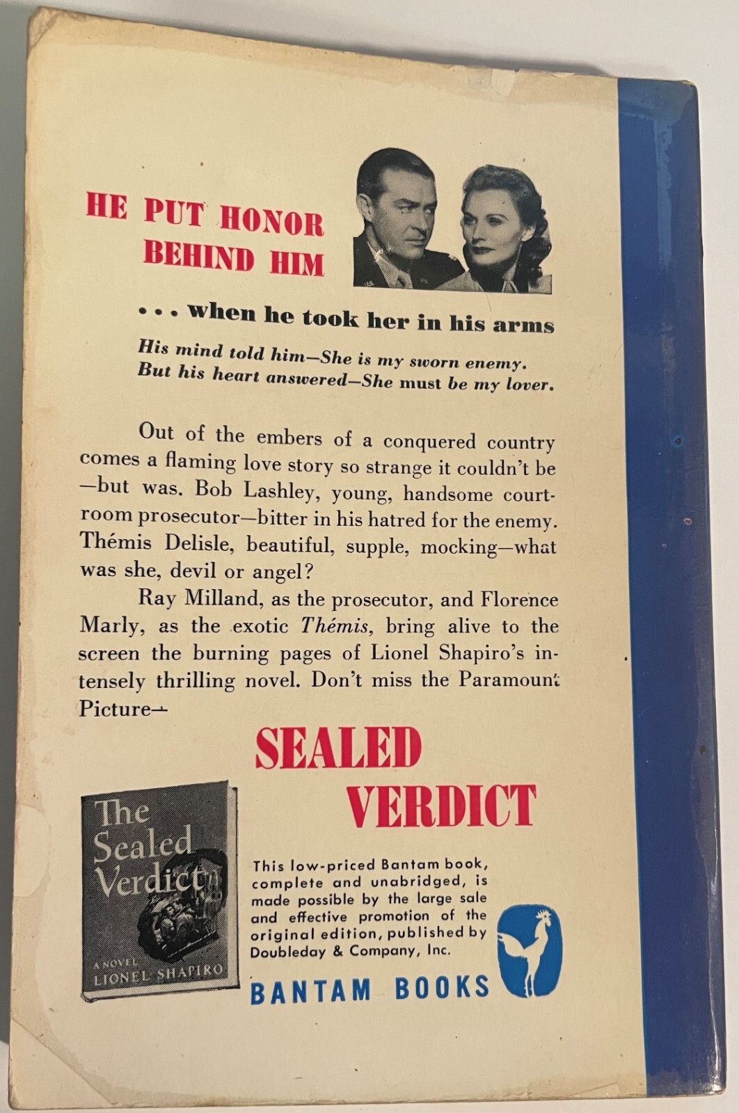 The Sealed Verdict by Lionel Shapiro (1948 Bantam 1st pb, Ray Milland, MTI, VG)