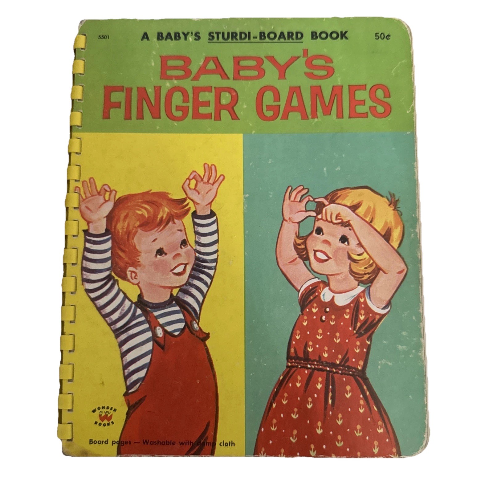 Baby’s Finger Games Sturdi-Board Book by WONDER 5501 Yellow Spiral Binding 1959