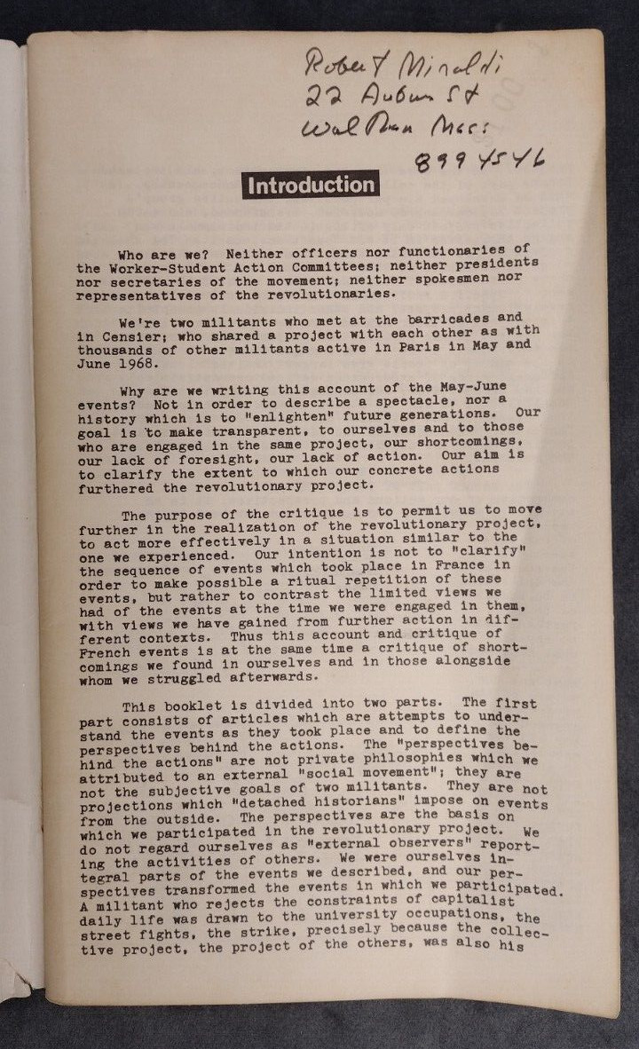 Anarchism Worker-Student Action Committees France May ’68 Book Gregoire Perlman