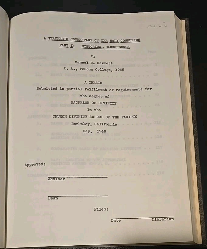 Teachers Commentary On Holy Communion Thesis Dissertation 1946 CDSP Berkeley CA