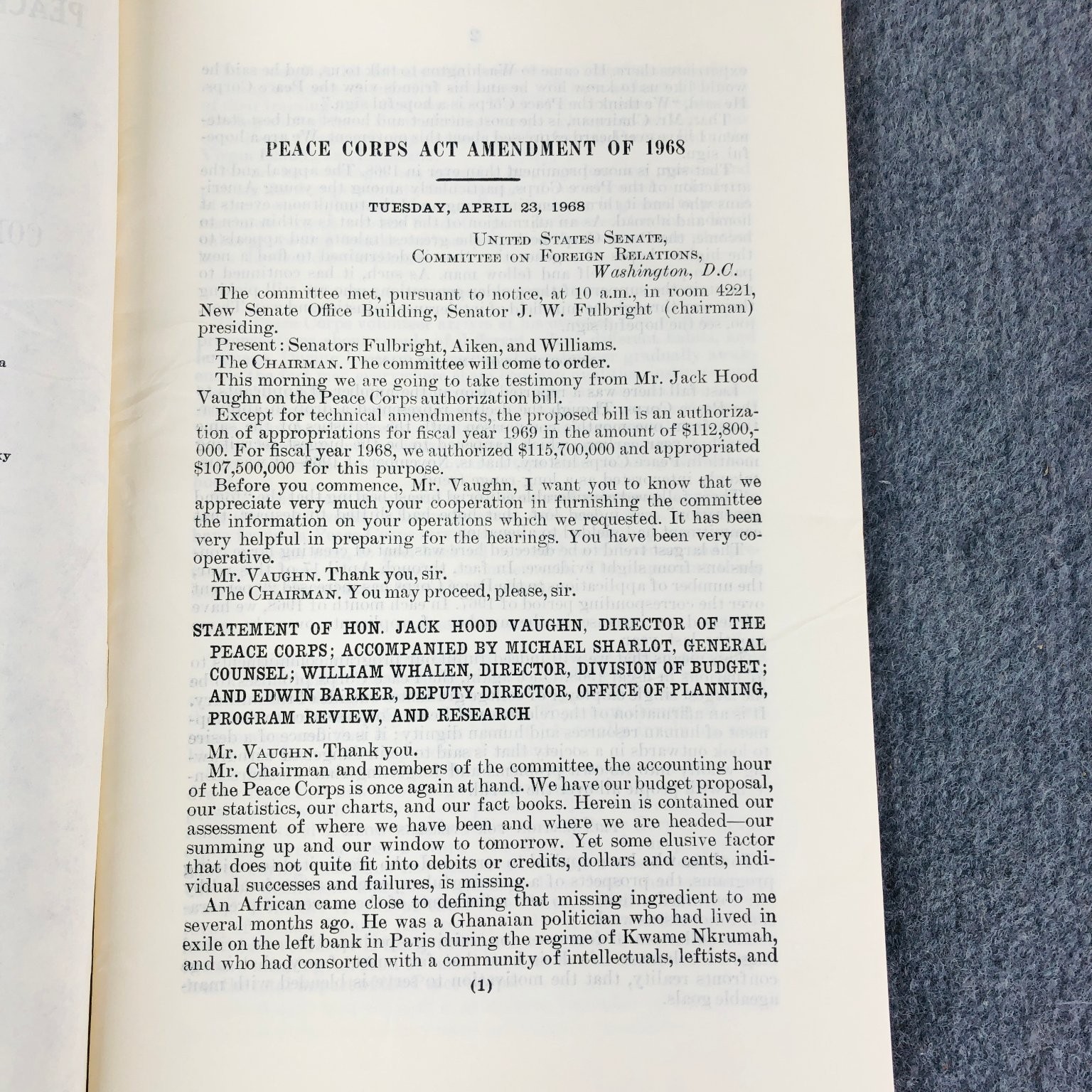 PEACE CORPS ACT AMENDMENT 1968 HEARING US Senate Government Document