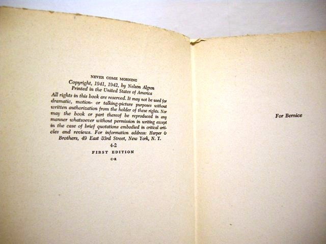 Never Come Morning Nelson Algren First Edition 1942 Chicago Novel Rideout Title