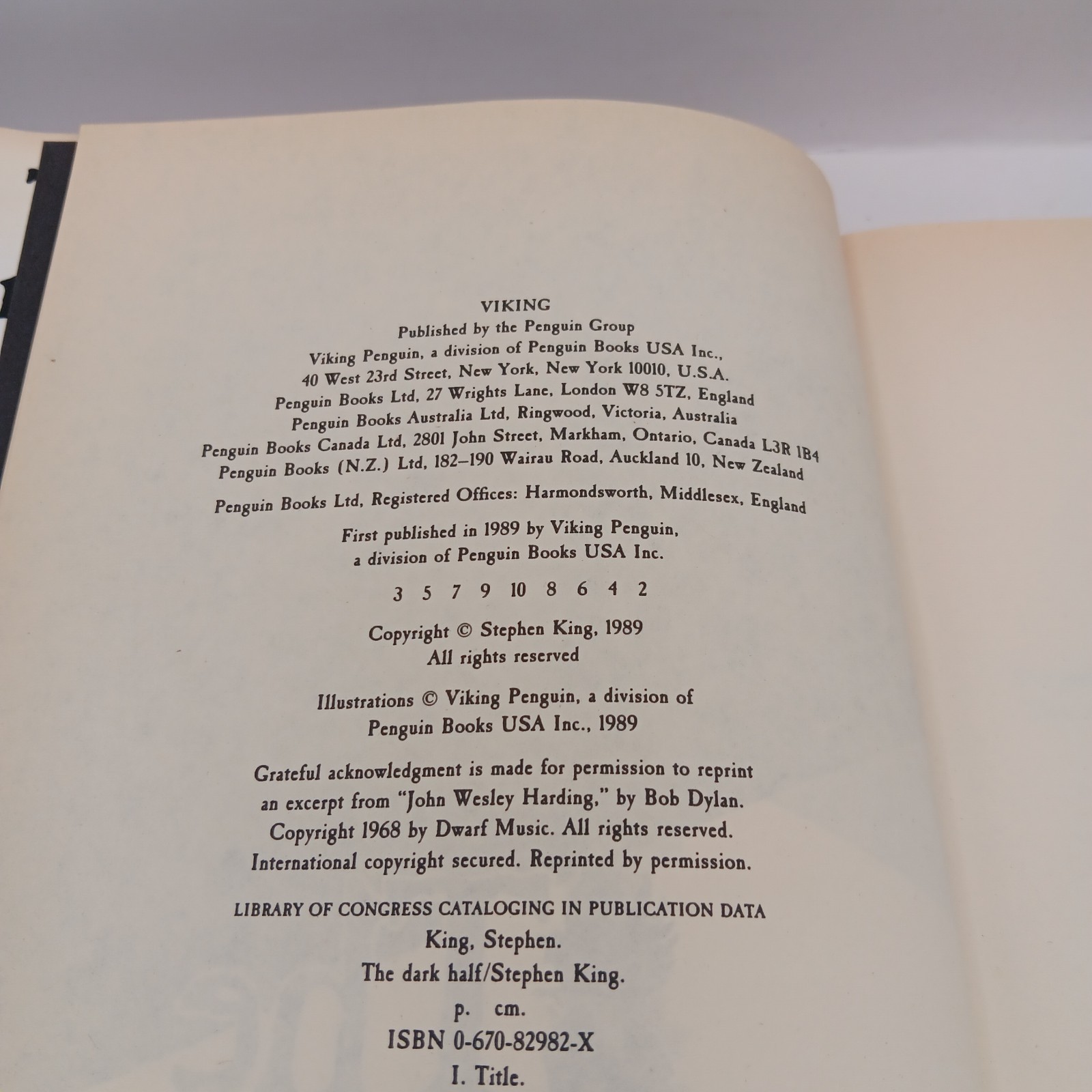 Stephen King The Dark Half First Edition 2nd Printing 1989 Viking Hardback Book