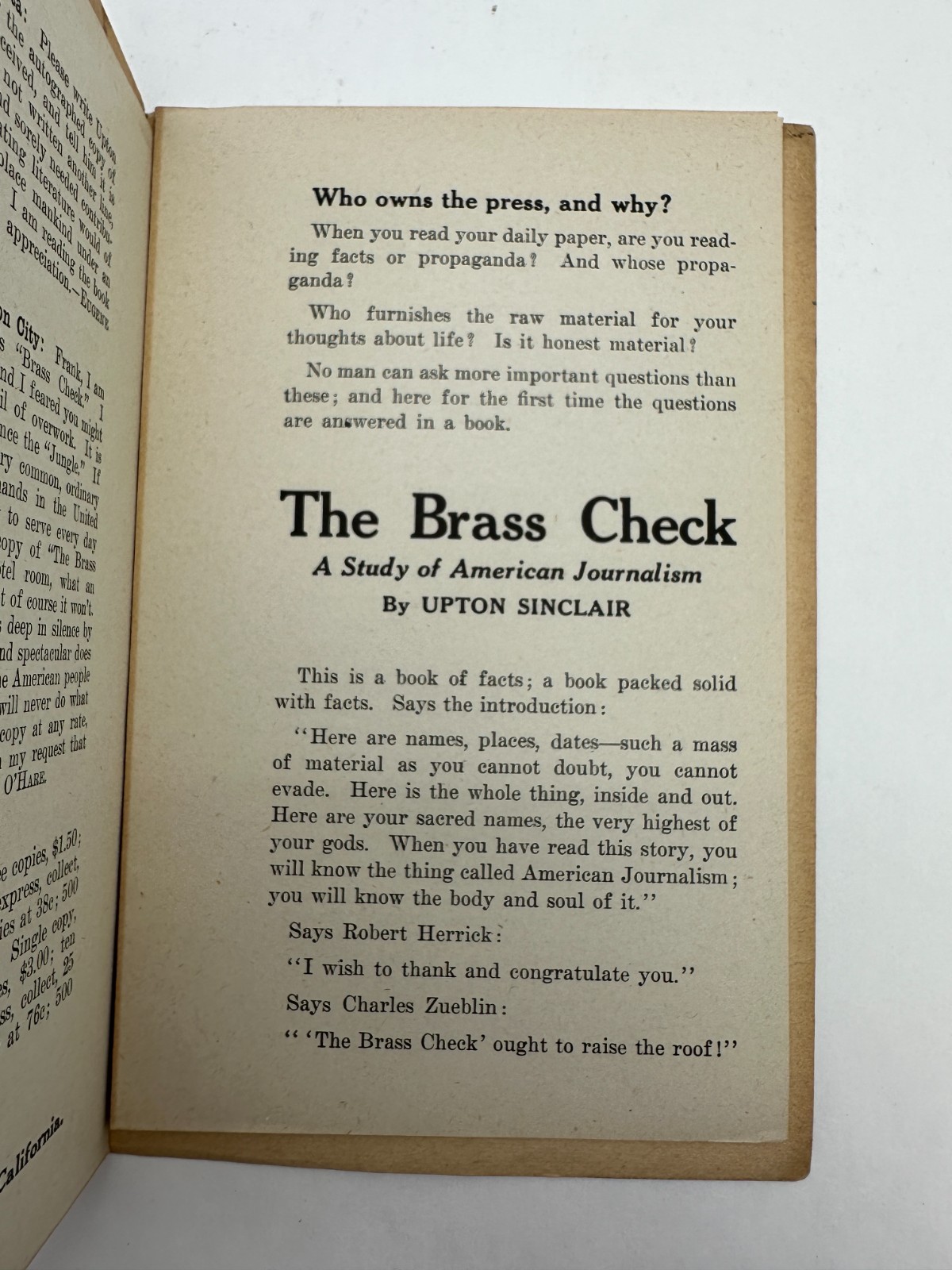 The Brass Check Upton Sinclair American Journalism Paperback Pasadena