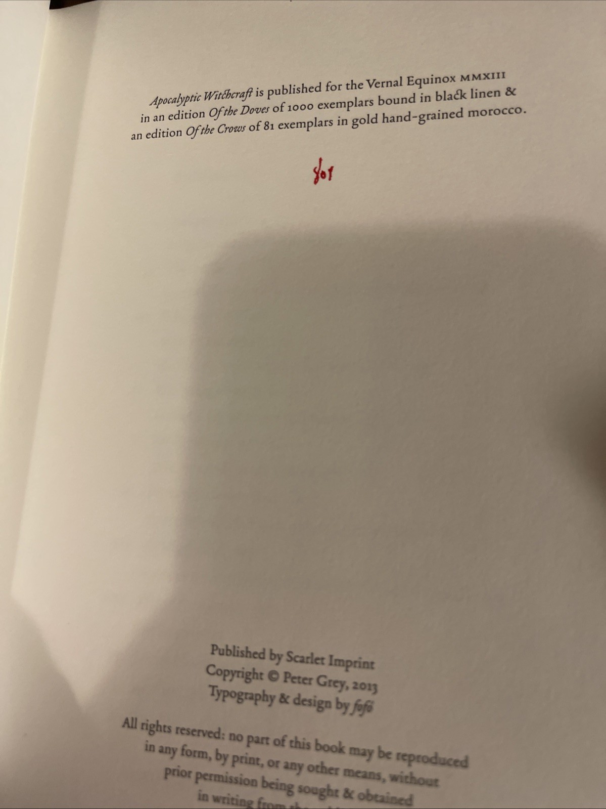 Apocalyptic Witchcraft By Peter Grey (“Dule of Doves” edition) Scarlet Imprint