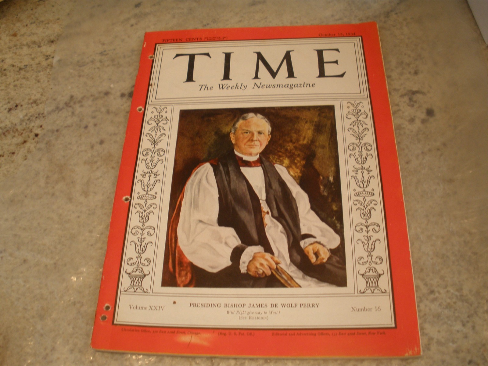 VINTAGE TIME MAGAZINE PRESIDING BISHOP JAMES DE WOLF PERRY OCTOBER 15 1934