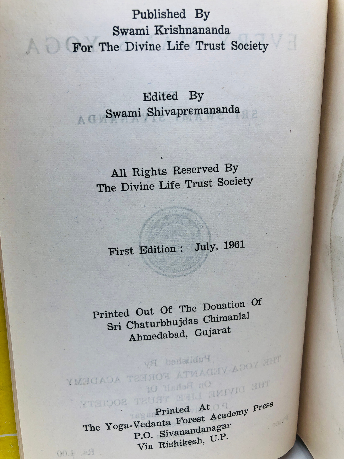 Every Man’s Yoga – Sri Swami Sivananda 1961 Stated First Edition HC DJ