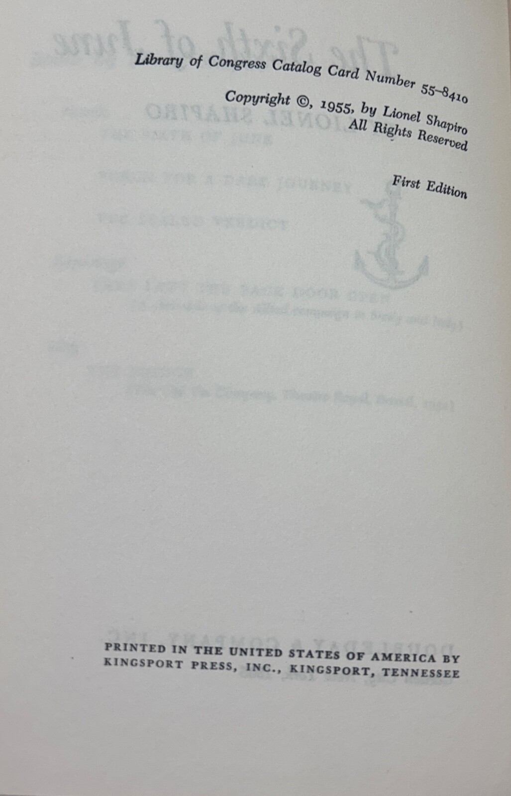 The Sixth Of June, A Novel Of WWII. Lionel Shapiro 1955. Book Club 1st Edition.
