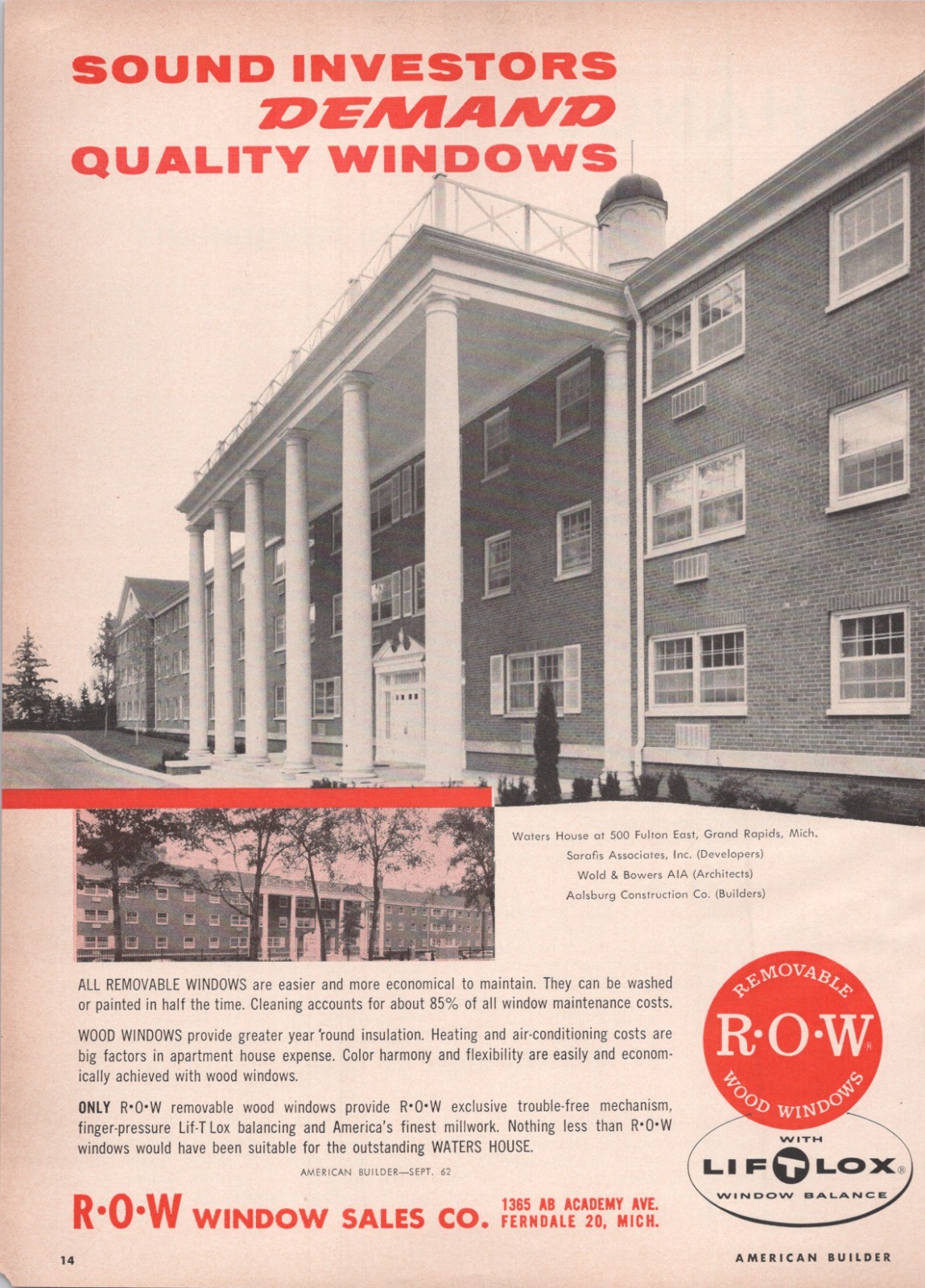 1962 Ad * Waters House Apartments 500 Fulton East Grand Rapids MI