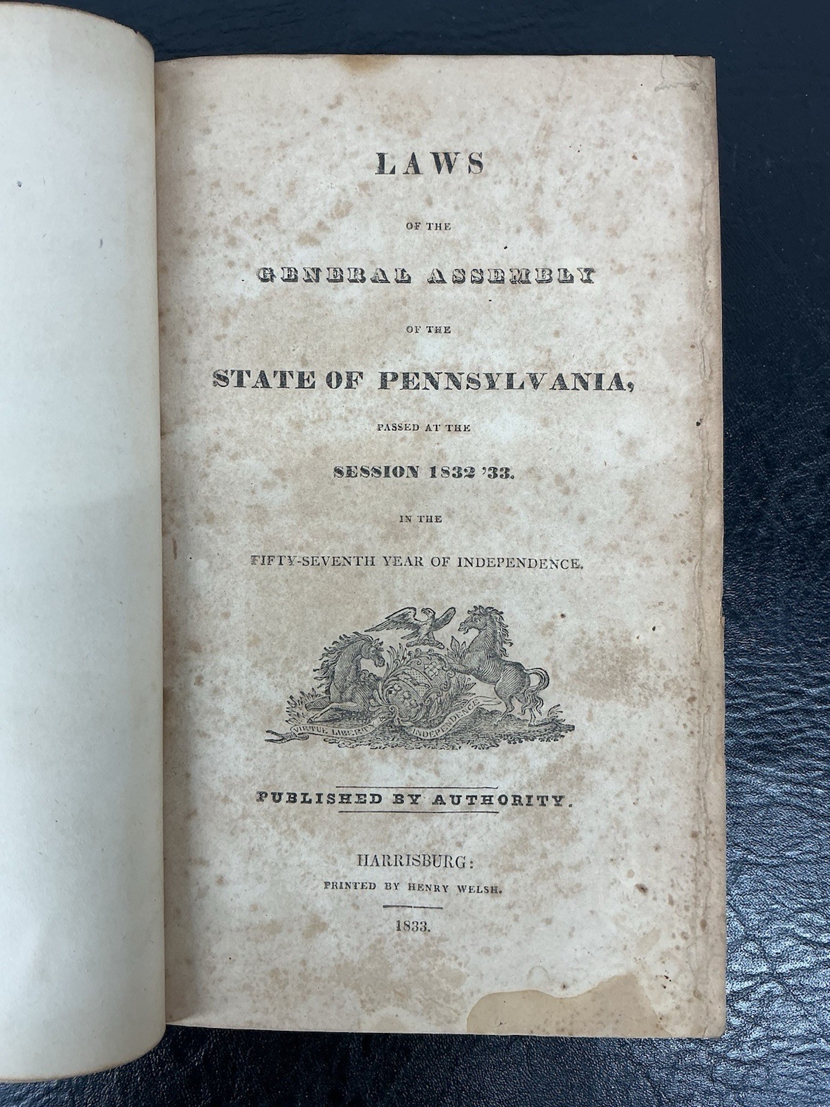 Antique Book Laws Of The General Assembly State Of Pennsylvania 1832-1833