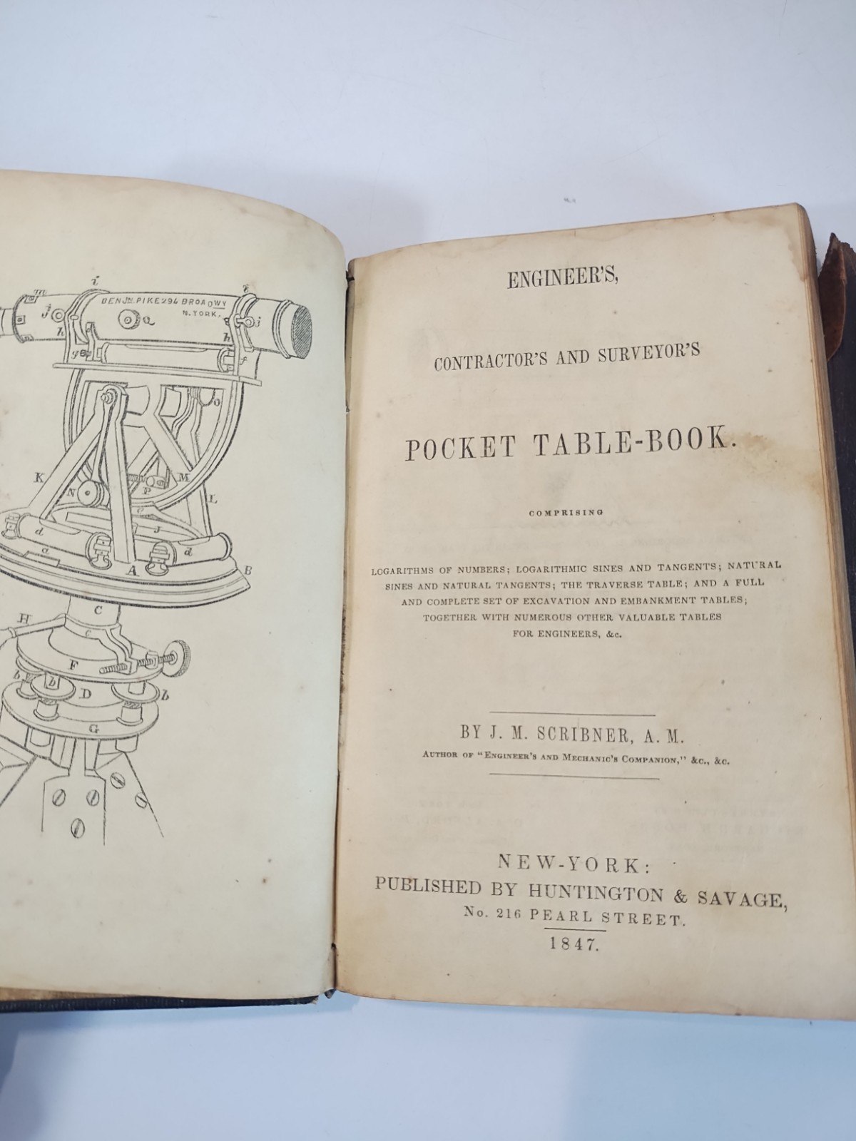 1847 Antique J M Scribner Engineers Pocket Table Book Leather Flap Original RARE