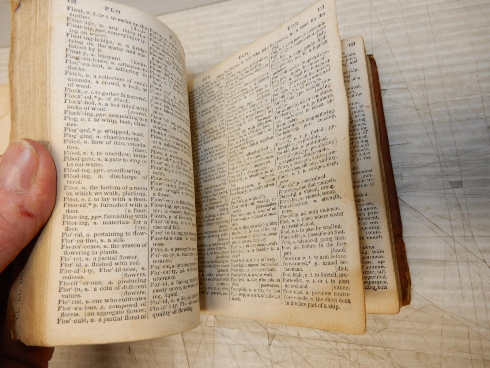 2 ANTIQUE BOOKS NOAH WEBSTER DICTIONARY 1838 AND ENGLISH LANGUAGE FORMATION 1804