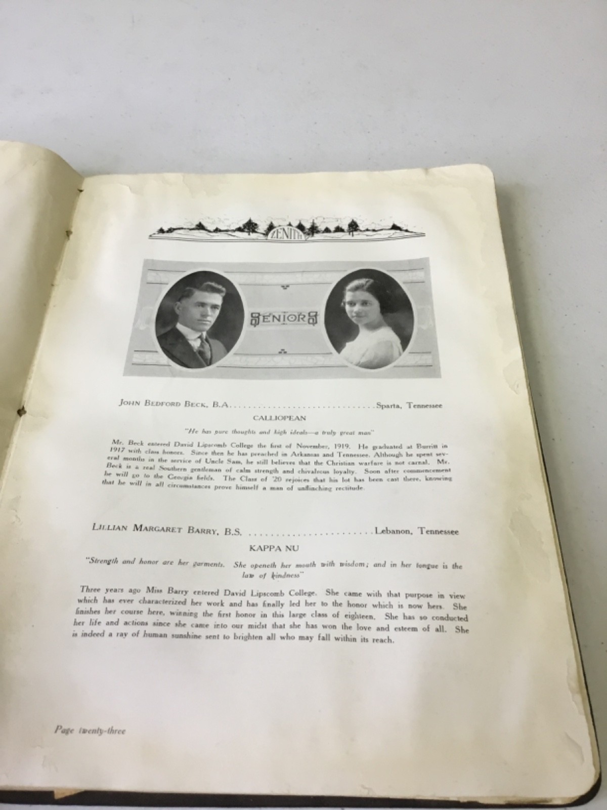 The Zenith Yearbook, David Lipscomb College 1920. Nashville TN