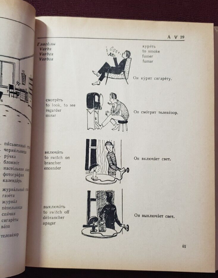 Russian English Spanish Dictionary Illustrated Art 1965 USSR