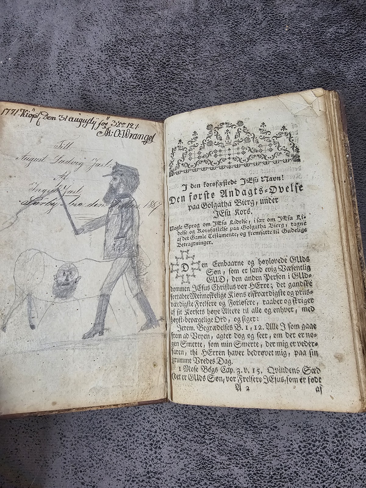 c1700s Antiquarian Danish Religious Devotional Book Blackletter Sheep Drawing