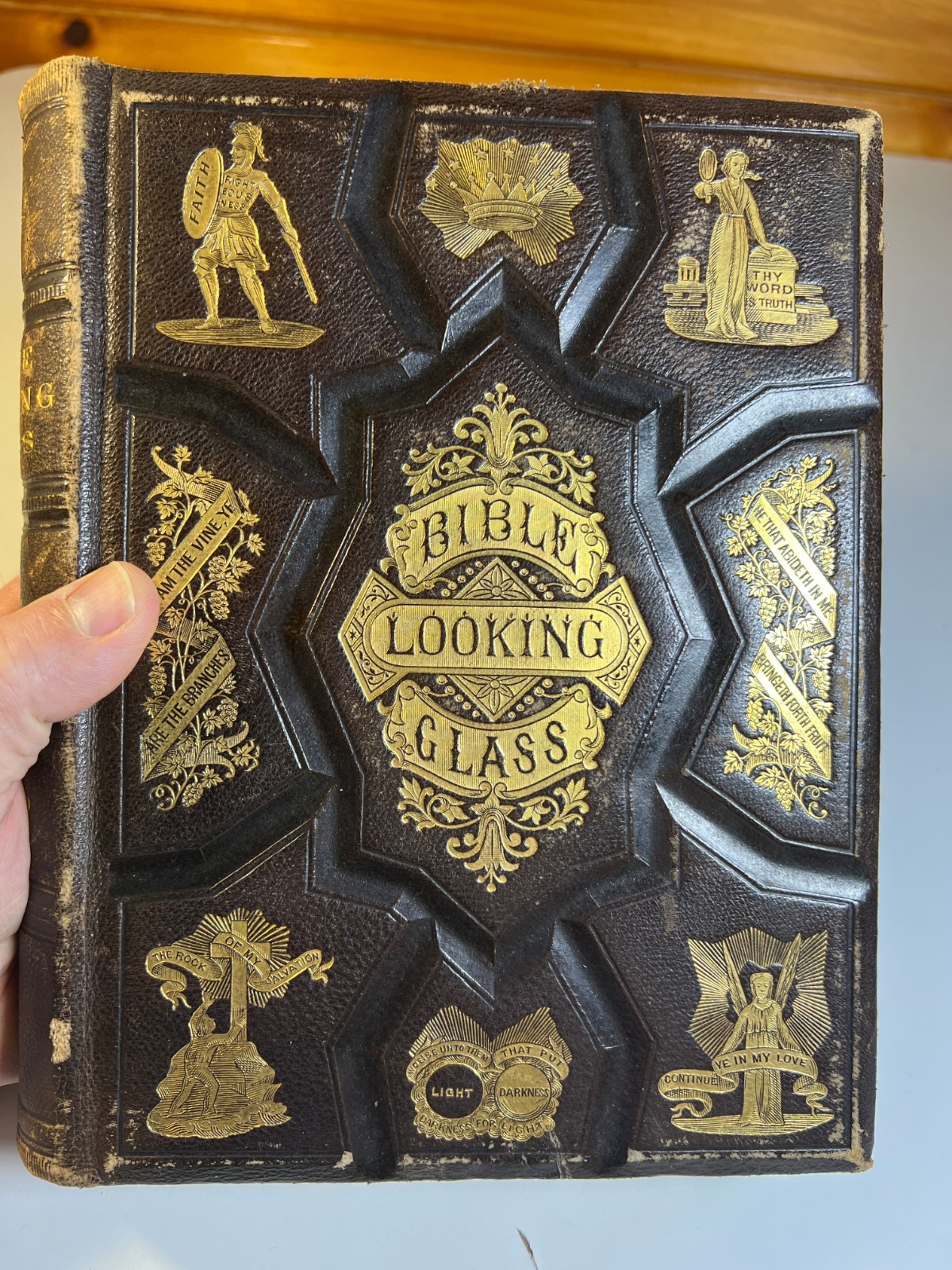 Antique 1874 Bible Looking Glass Illustrated Religious Emblems Leather Gilt AEG
