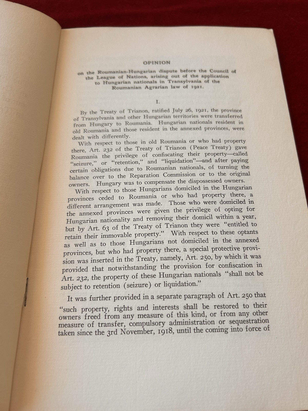 Borchard League of Nations Roumania Hungary Dispute 1921 Agrarian Law Transylvan