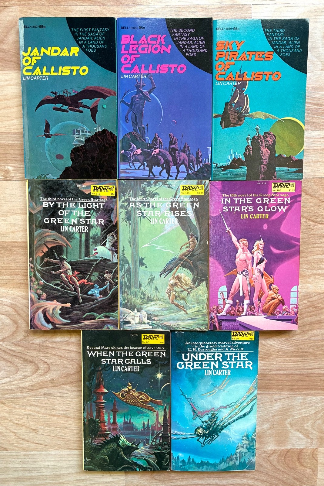 LIN CARTER Lot of 8 Vtg PBs, Complete Green Star Series DAW 1-5 + Callisto 1-3