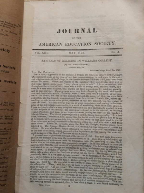 May 1841 Journal of American Education Society Williams College MA Prof Hopkins